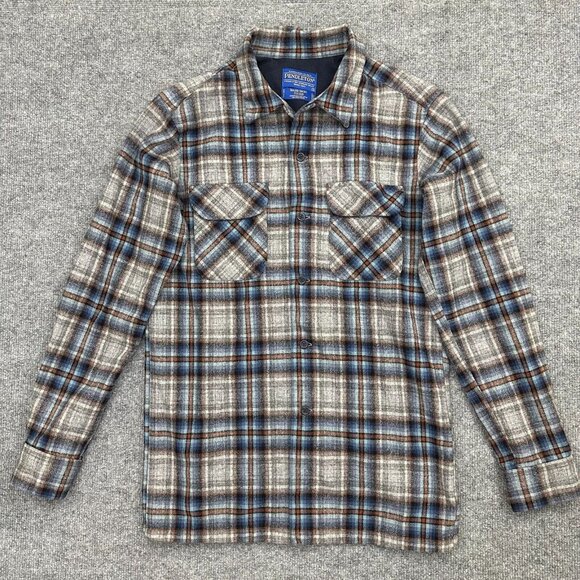 Pendleton Board Shirt Fitted Plaid Flannel Mens Small Gray Blue Virgin Wool - Picture 1 of 10